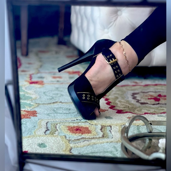 FENDI black suede sandals gold detail heels - Picture 2 of 8